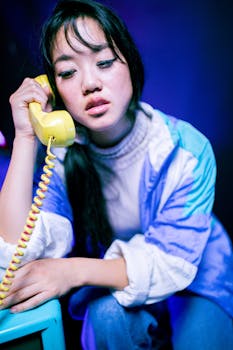 A woman in a vintage outfit using a yellow rotary phone. Emphasizes retro aesthetics.