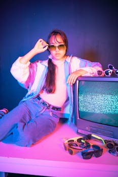 Stylish model in sunglasses poses with vintage CRT TV, embracing the retro 80s neon vibe.