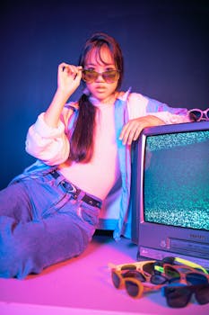 Stylish Asian woman posing with vintage CRT TV, highlighting 80s retro fashion and neon colors.