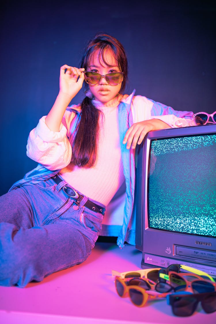 Retro Portrait Of Woman With Vintage TV