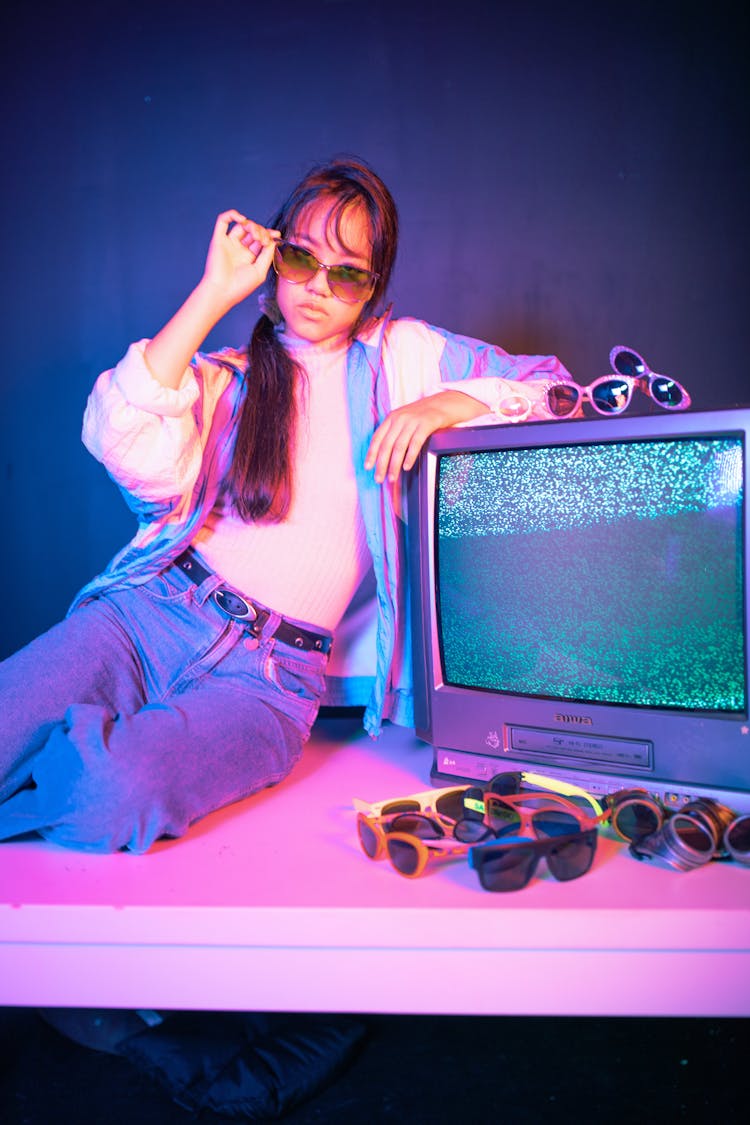 Retro Portrait Of Woman With CRT TV