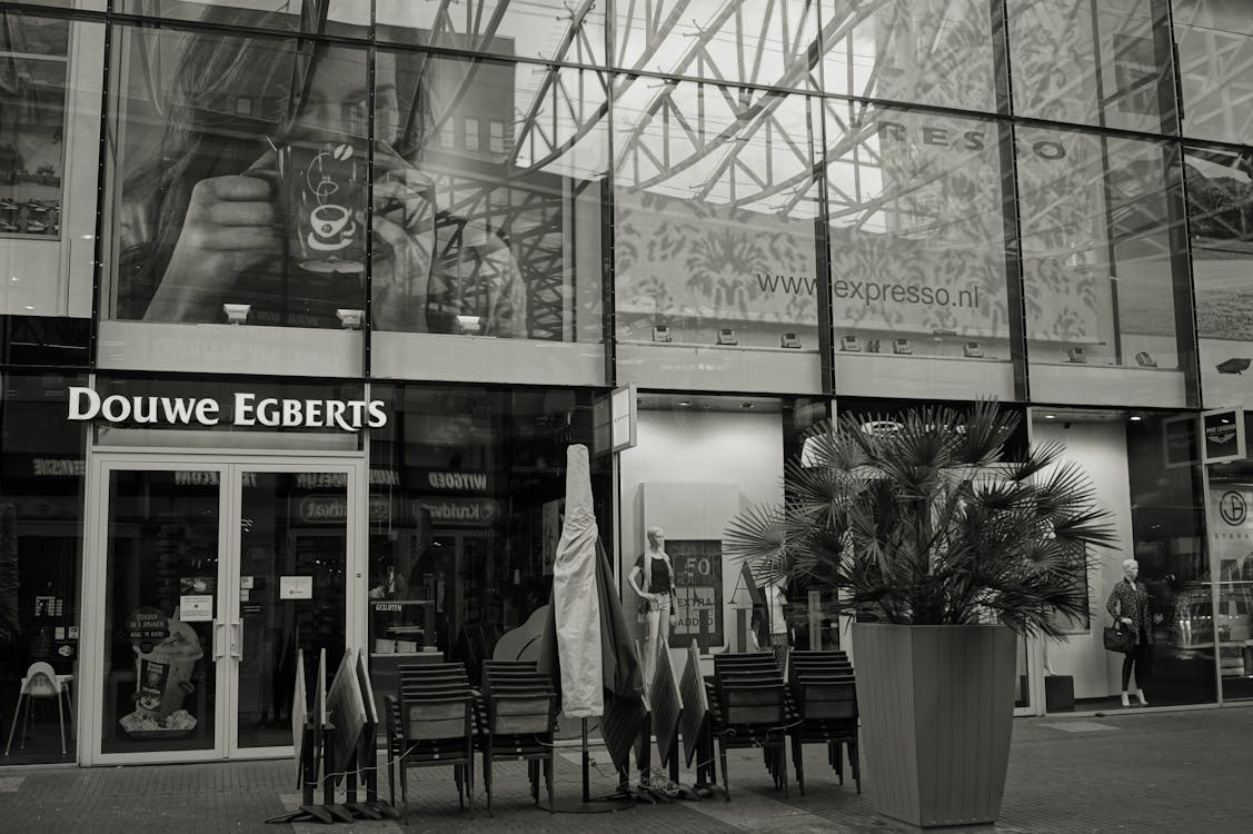 Grayscale Photography of Douwe Egbert's Restaurant