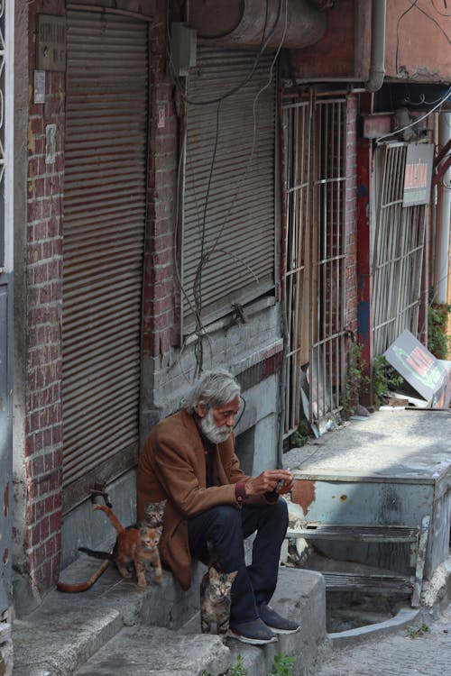 Photo of an Elderly Man Sitting with Cats