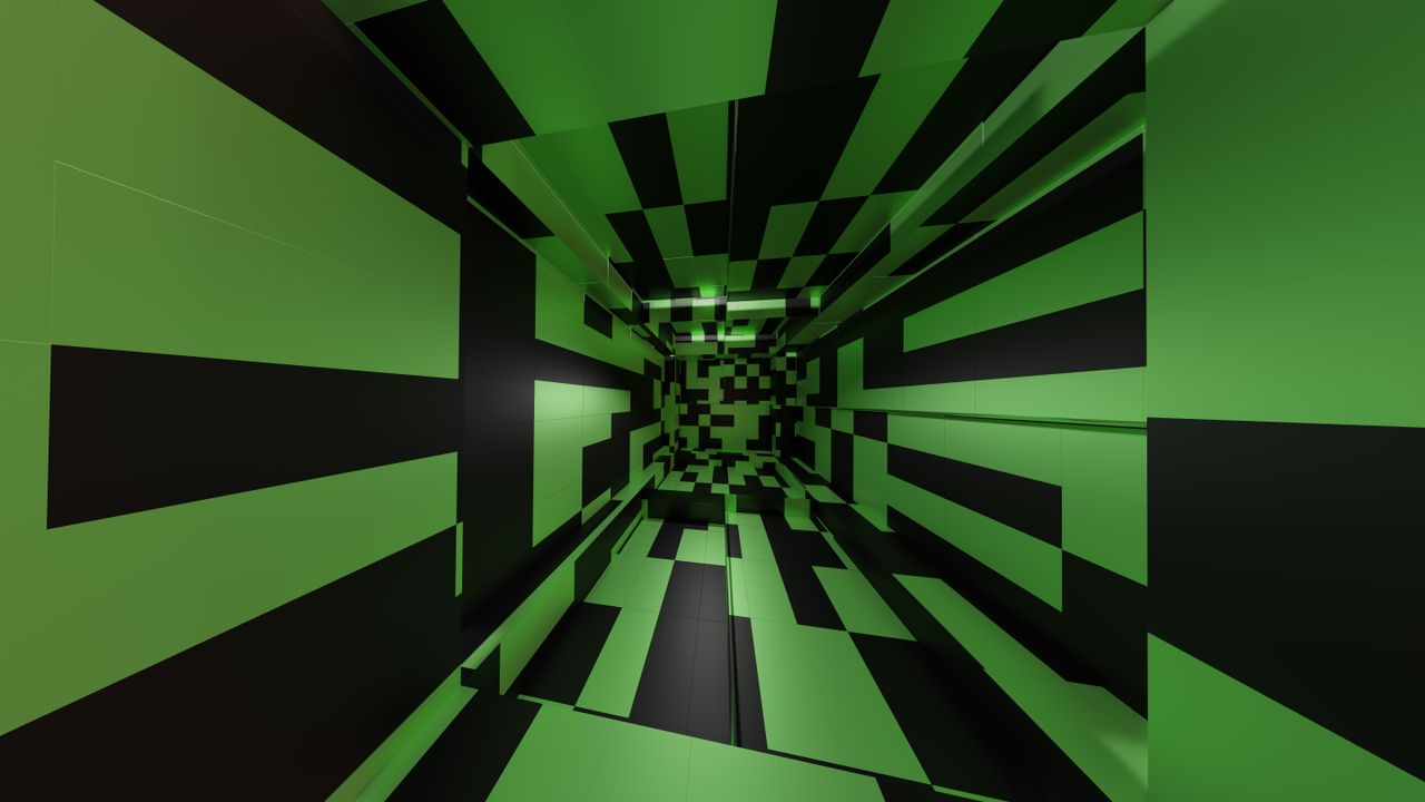 immersive tunnel design featuring bold green and black geometric patte