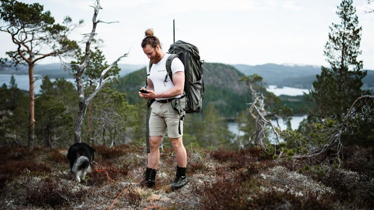 Hiker With Dog In Mountains