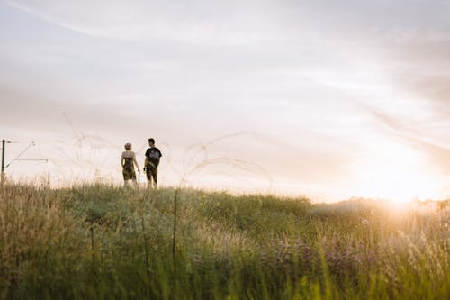 A Couple Standing near a Grass Field