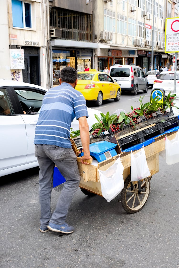 A Man Pushing A Cart On A Road