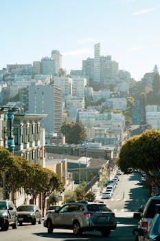 旧金山晴日下，陡峭的街道上车流穿梭，城市建筑尽收眼底