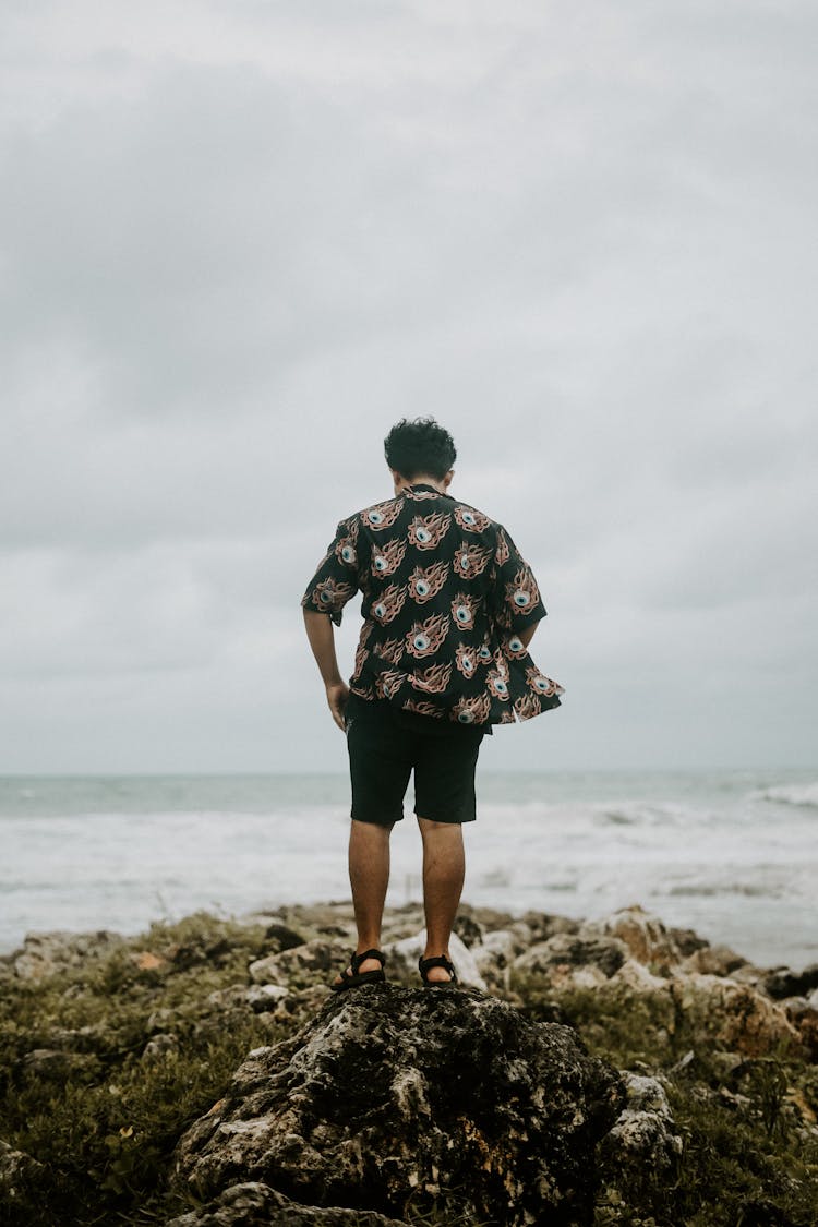 Man Standing On Rock At Seashore