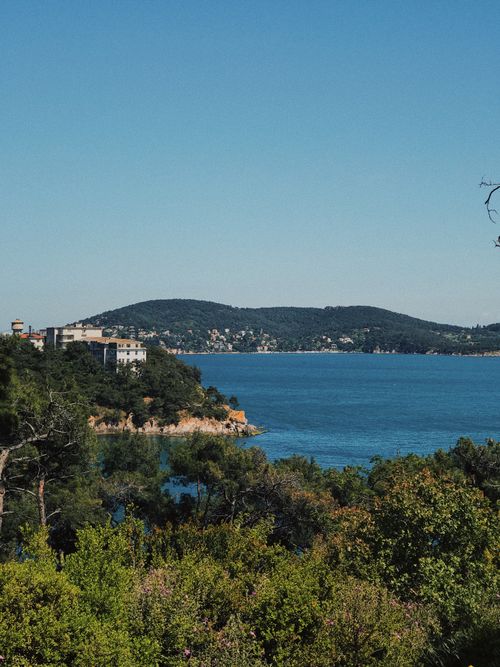Free Capture of a beautiful sea view surrounded by lush greenery under a clear blue sky. Stock Photo