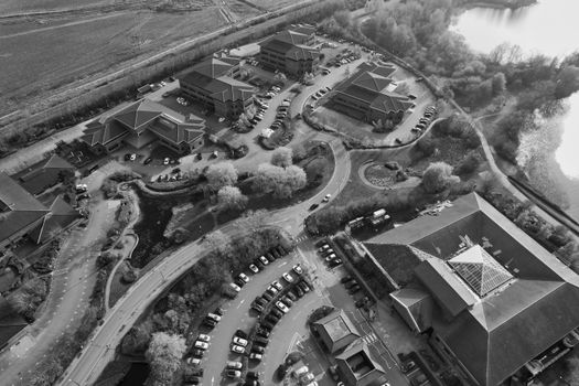 Aerial photo featuring buildings and roads in Caldecotte, UK, showcasing architectural structures.