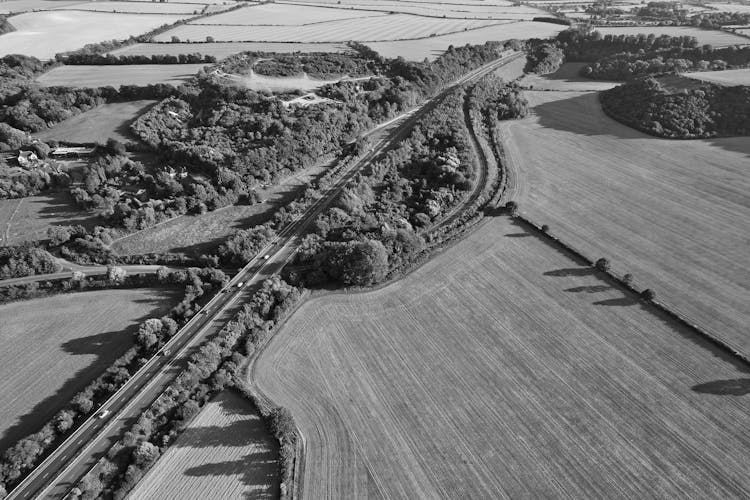 Grayscale Photo Of A Highway Across The Farm Lands