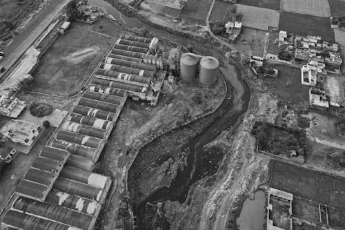 Black and White Aerial Footage of an Industrial Area