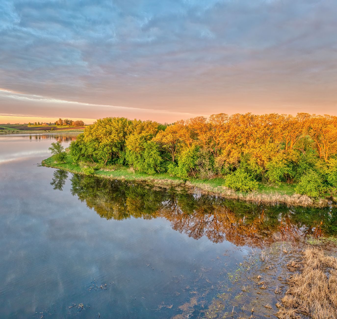 Tranquil sunset scene with trees reflecting on a calm Minnesota lake.