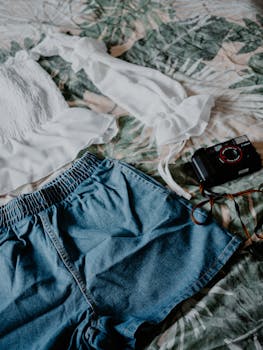 Denim shorts and blouse with vintage camera on bed, showcasing summer lifestyle.