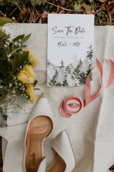 Elegant flat lay of a save-the-date card, yellow flowers, rings, and shoes.