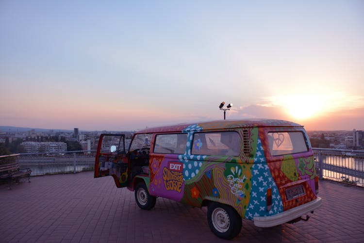 Colorful Hippie Volkswagen Van On Sunset