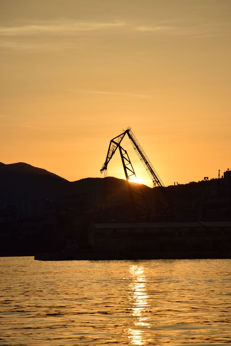Tower crane silhouetted against a sunset over the Meridian site