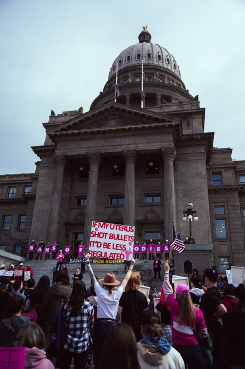 Free A demonstration outside a government building with protest signs and a crowd advocating for women's rights. Stock Photo