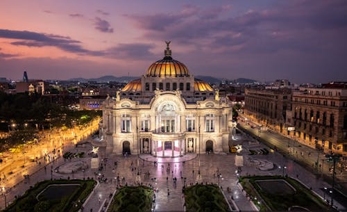 Aerial Shot of Palace and Town Square at Sunset