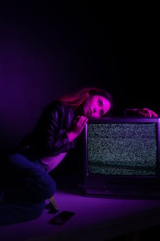 Woman in a leather jacket poses by a static TV, creating a moody and dramatic scene.