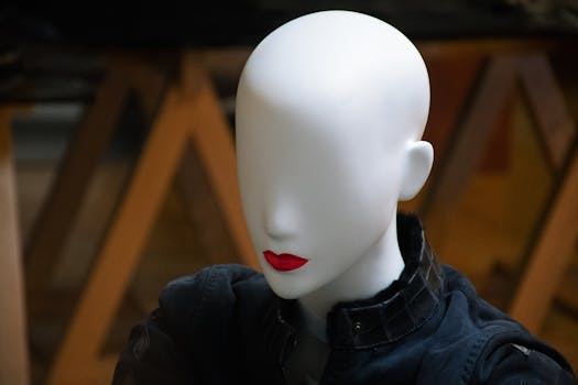 Close-up of a faceless mannequin with red lips showcasing a stylish jacket indoors.