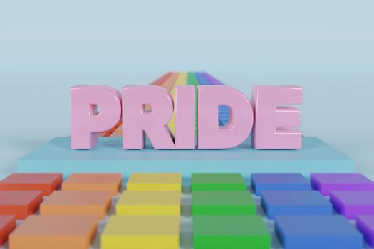 A vibrant 3D render featuring the word 'PRIDE' in pink with a rainbow path and colorful background.