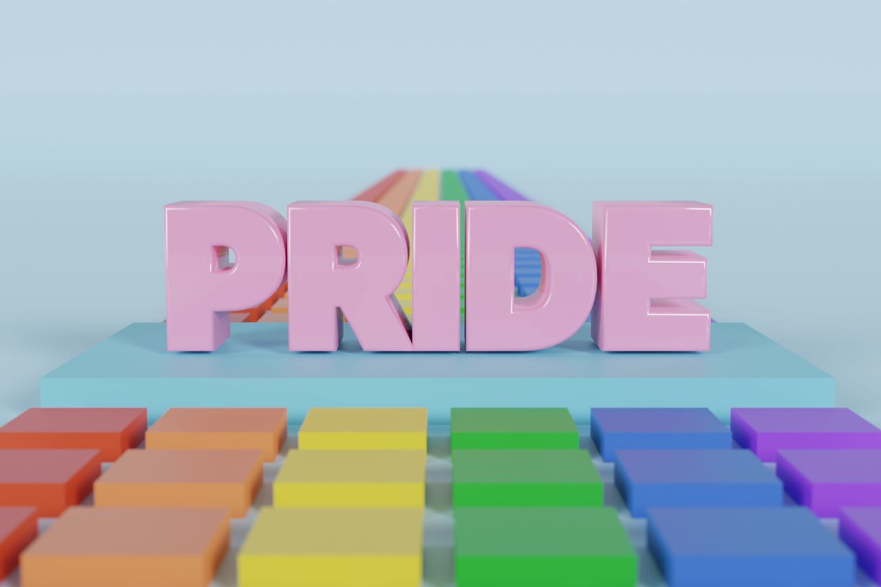 a vibrant 3d render featuring the word pride in pink with a rainbow pa