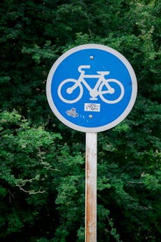Blue circular sign indicating a bicycle path surrounded by green foliage.