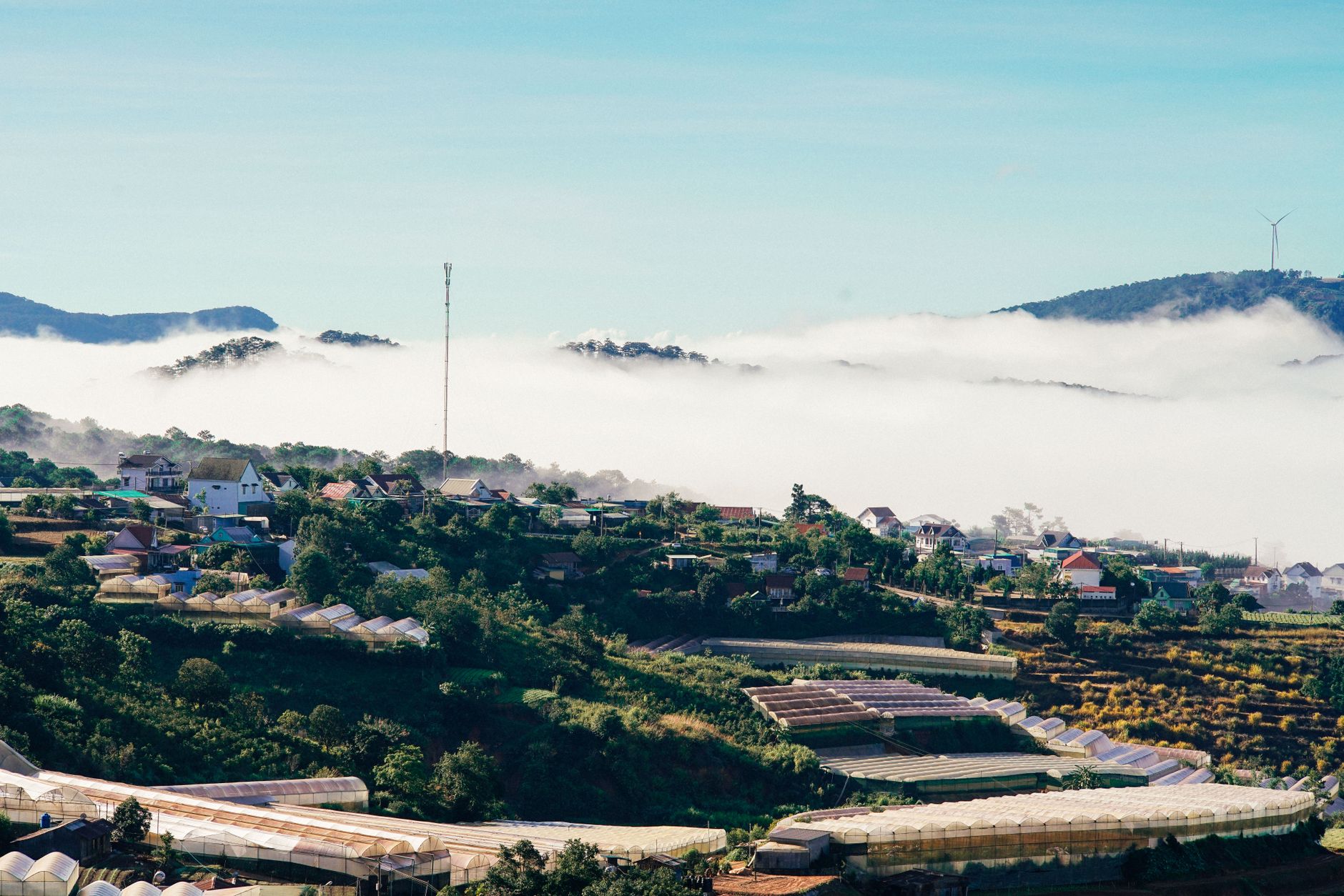 Serene view of Dalat hills with mist covering the town, perfect for nature and travel.
