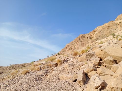 Free A serene view of a rocky desert landscape under a clear blue sky in Pakistan. Stock Photo
