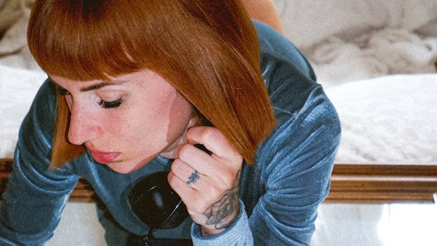 Redhead woman in blue velour top talking on a vintage phone, showcasing tattoos.