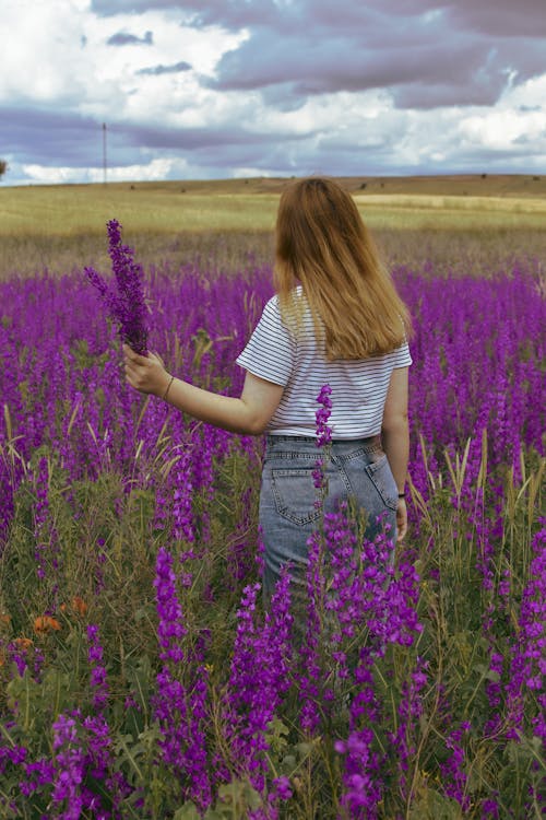 A Woman Holding Lavender Flowers while Standing on Field