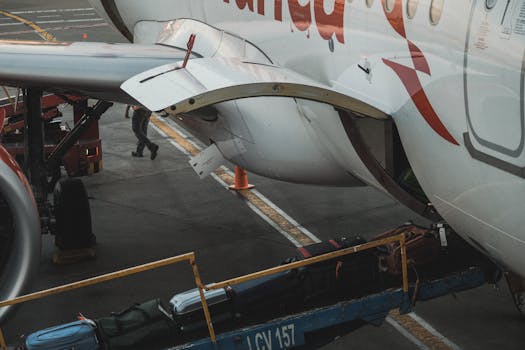 Close-up view of luggage being loaded onto an airplane at the airport.