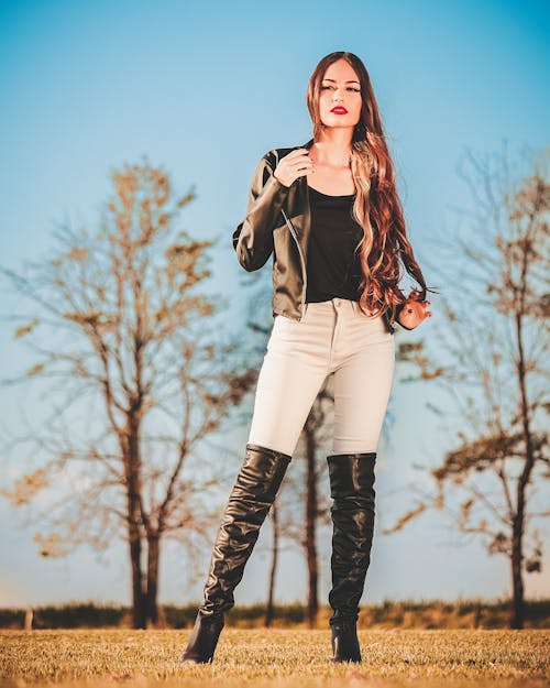 Beautiful Woman Wearing Boots and Leather Jacket