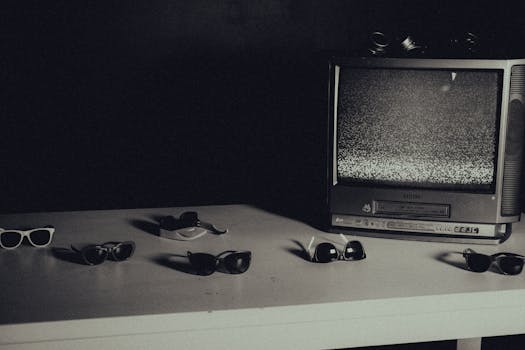 Retro styled still life with vintage TV showing static and multiple sunglasses on a white table.