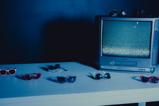 Vintage television with static display surrounded by colorful sunglasses on a blue-lit table.