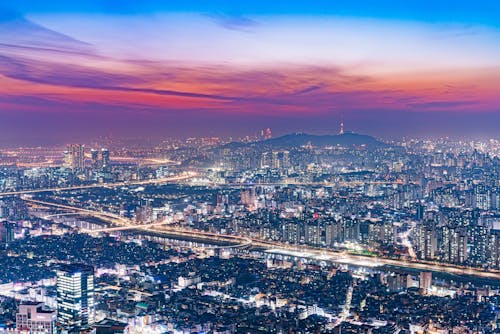 Evening Panorama of Illuminated Seoul Cityscape