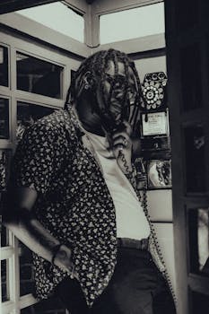A stylish man with locs uses a vintage rotary phone in a telephone booth, exuding a retro vibe.