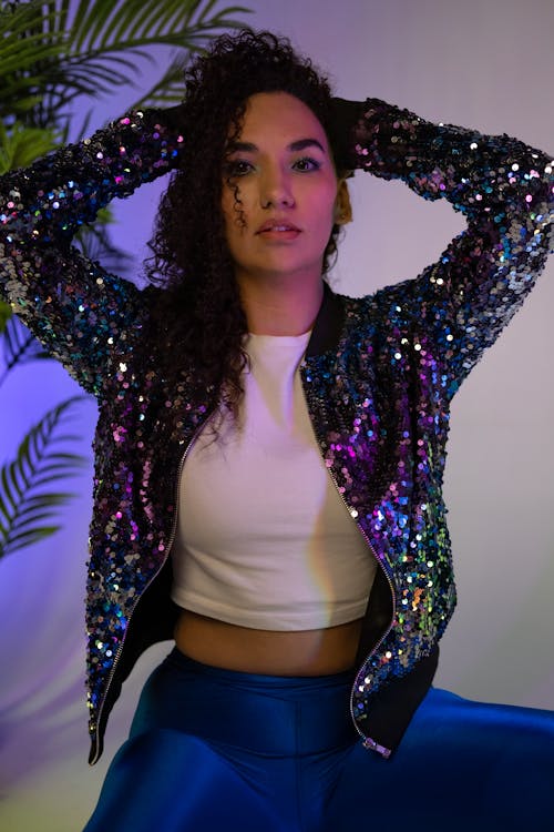 Woman Wearing Shiny Jacket