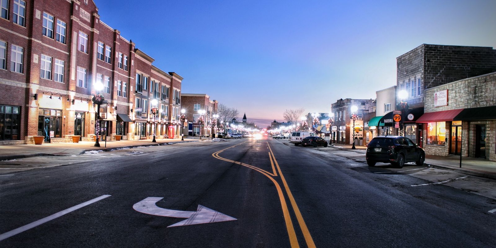 A small-city main street at twilight