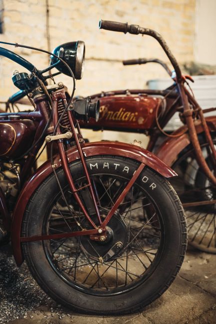 Close-up shot of a classic Indian motorcycle with a Matador tire, exuding a vintage charm.