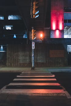 A nighttime urban street scene featuring a crosswalk and a glowing traffic light near St. John's City Hall.