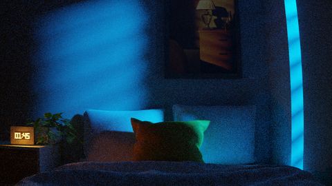 A dimly lit bedroom with neon blue lights and modern decor creates a calming nighttime atmosphere.