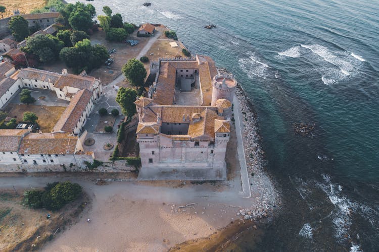 Drone Shot Of Santa Severa Castle In Front Of The Sea