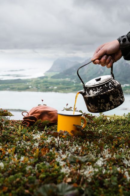 Pouring tea from a vintage kettle with a scenic view of Nordland, Norway in the background.