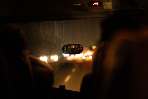 Free View of a night bus journey with blurred city lights in Istanbul, capturing the ambient night road atmosphere. Stock Photo