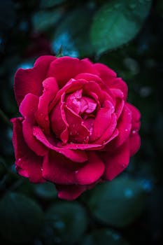 A stunning close-up of a vibrant red rose adorned with dewdrops, showcasing nature's beauty in detail.