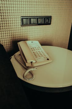 Retro beige landline phone placed on an elegant round table with textured wallpaper background.