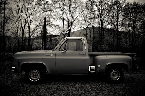 Grayscale Photo of a Pickup Truck Parked 